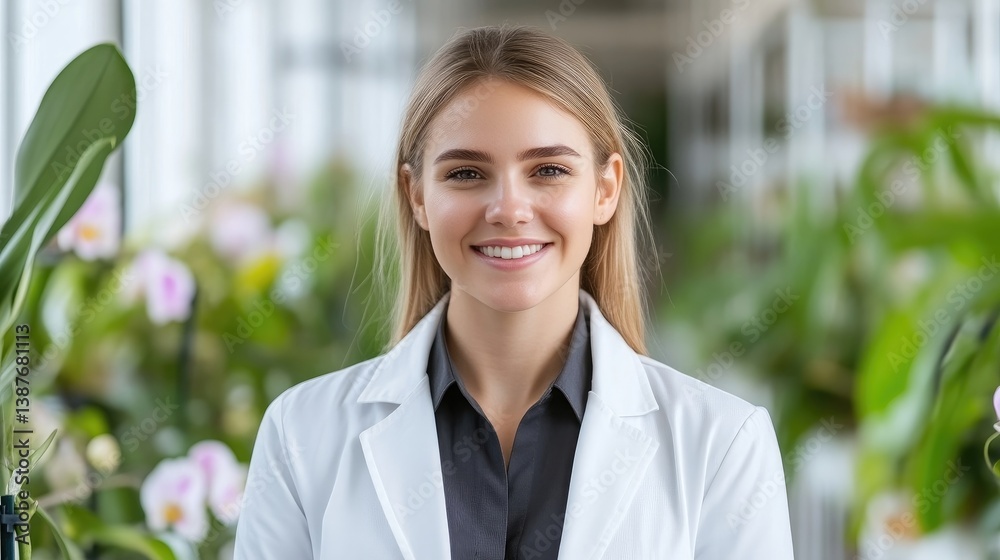 A young woman with blonde hair smiles warmly. She wears a white lab coat over a black shirt. Lush green plants blur in the background. The image is well-lit, high-resolution, and professionally styled A young woman with blonde hair smiles warmly. She wears a white lab coat over a black shirt. Lush green plants blur in the background. The image is well-lit, high-resolution, and professionally styled