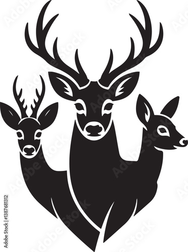 Graphic Silhouette Vector Black of wild, male, female, and roe deer . with white background