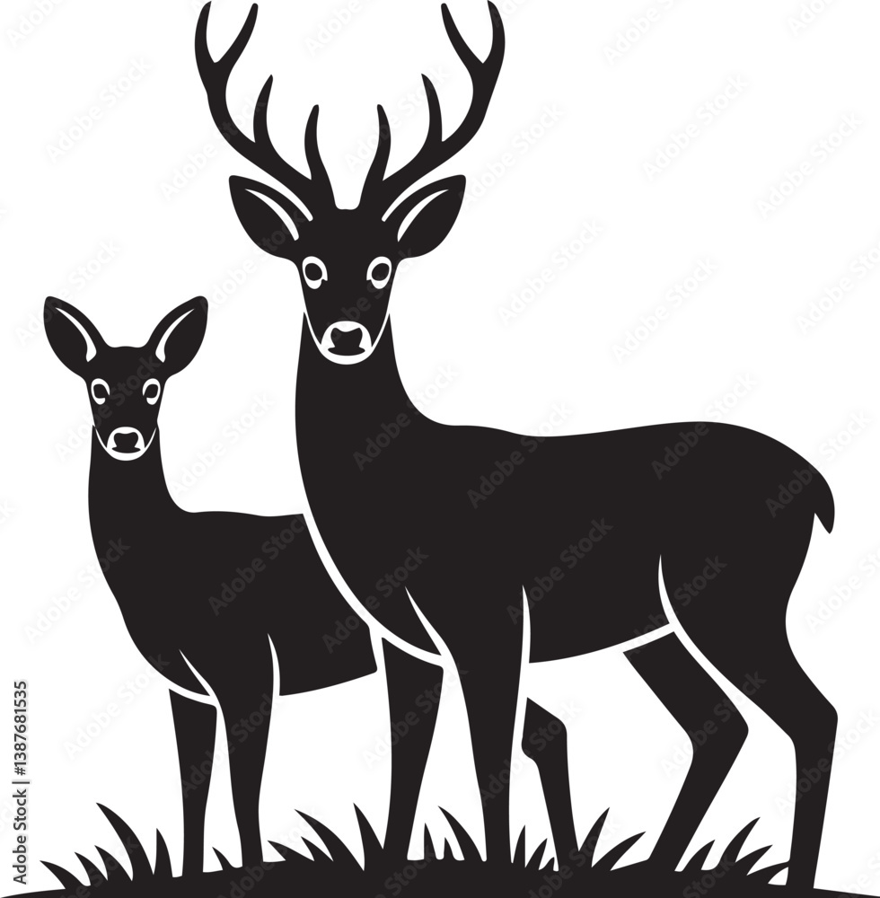 Fototapeta premium Graphic Silhouette Vector Black of wild, male, female, and roe deer . with white background