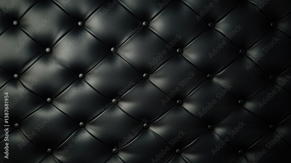 This image showcases a refined black leather tufted background, featuring a pattern of buttons that adds depth and a sense of luxury and sophistication to the visual appeal.