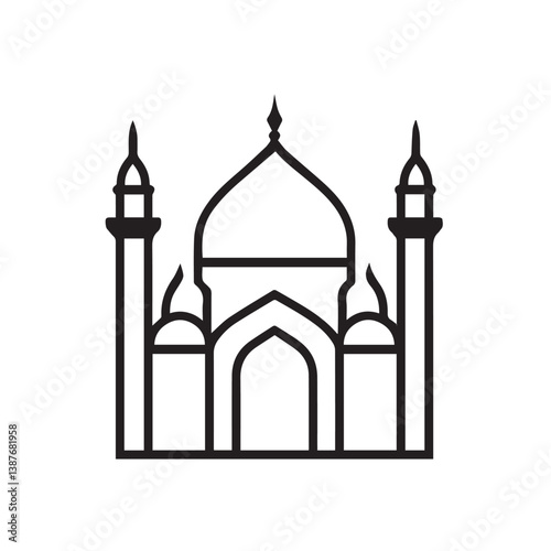 Mosque edifice stands against white isolated architecture background outline