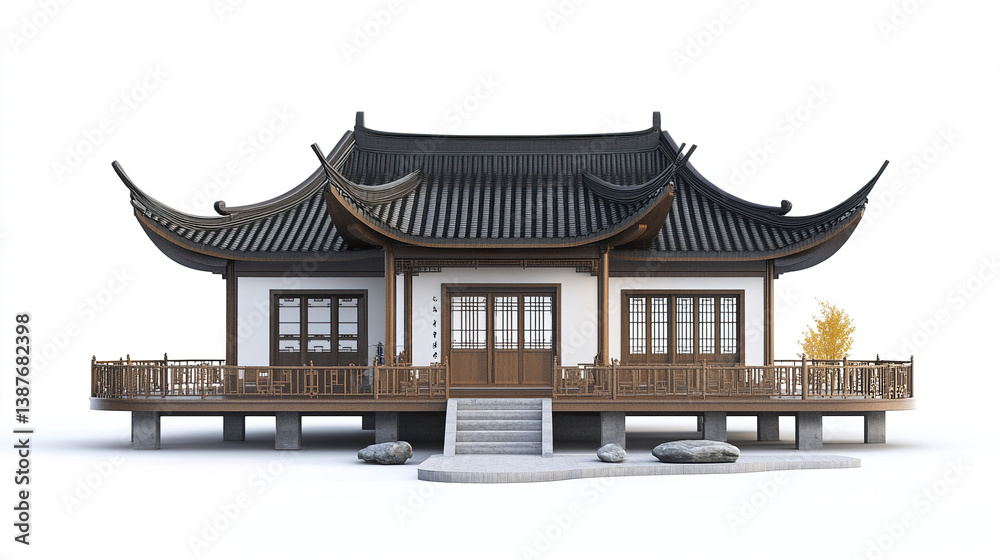 Obraz premium Traditional Chinese house with curved roof and wooden details on white background