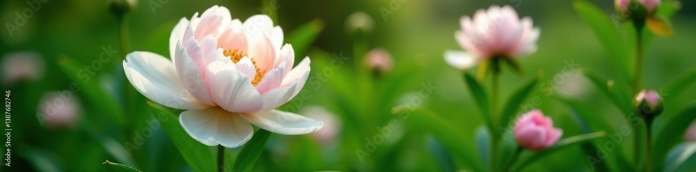 Blooming peony flower in the garden with green leaves, peonies, white petals Blooming peony flower in the garden with green leaves, peonies, white petals