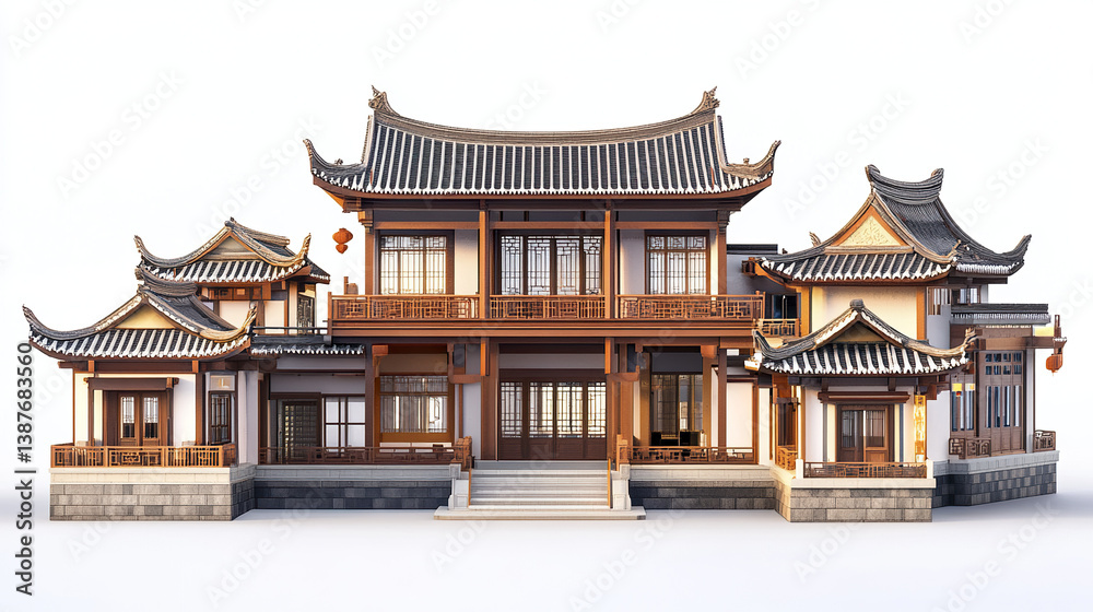 Fototapeta premium Traditional Chinese house with ornate roof design and wooden details