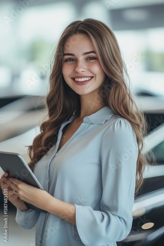 Woman smiling in car dealership holding tablet, young professional with long hair, customer service expert, automotive sales interaction, happy lifestyle. Free Download Woman smiling in car dealership holding tablet, young professional with long hair, customer service expert, automotive sales interaction, happy lifestyle. - GFXLoad