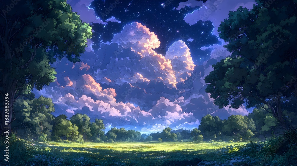 A beautiful night sky above a green field with trees