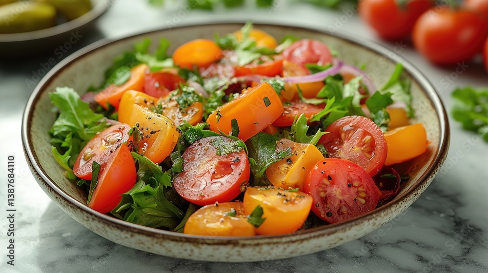 Fresh salad bowl with colorful vegetables on marble countertop, symbolizing a healthy and vibrant lifestyle. Fresh salad bowl with colorful vegetables on marble countertop, symbolizing a healthy and vibrant lifestyle.