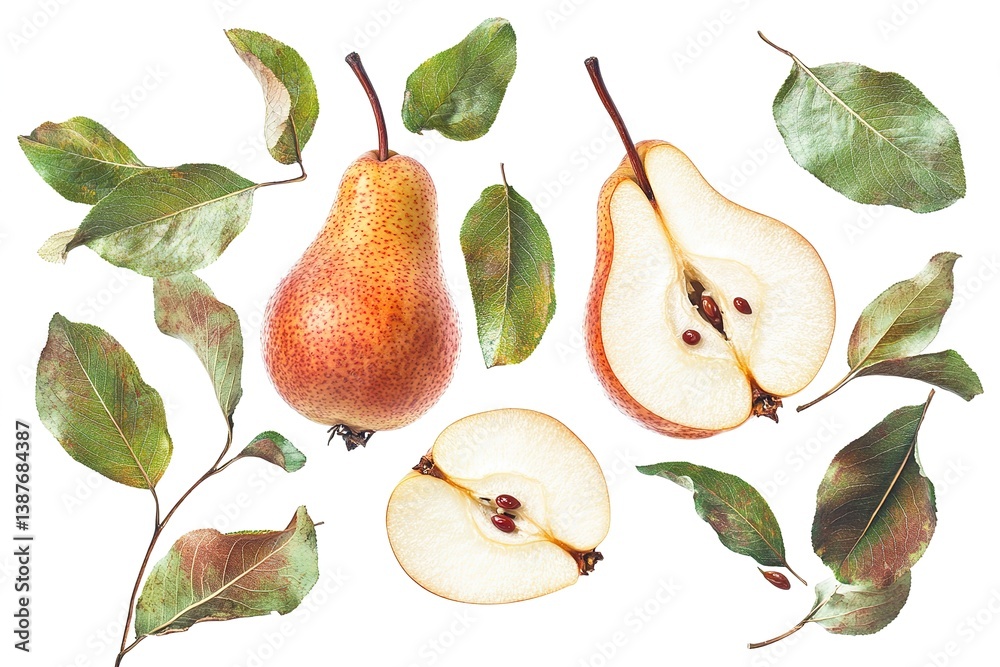 Fresh RedSpeckled Pears, Pear Halves, and Green Leaves Isolated on White Background 89 Fresh RedSpeckled Pears, Pear Halves, and Green Leaves Isolated on White Background 89