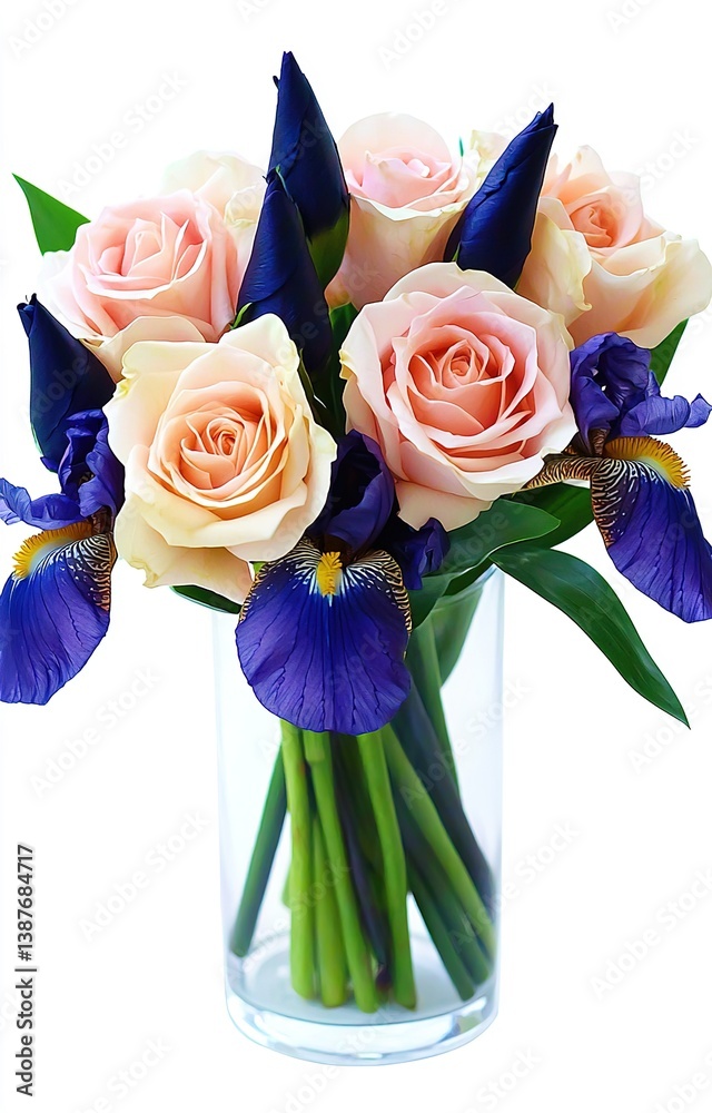 A beautiful arrangement of pink roses and purple irises in a vase isolated background