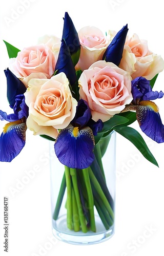 Obraz na płótnie A beautiful arrangement of pink roses and purple irises in a vase isolated background w salonie