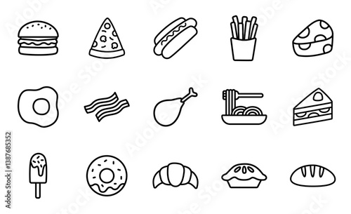 food icons set isolated on white, includes burger, fries, chicken, hotdog, and more. Fast food vector illustrations.