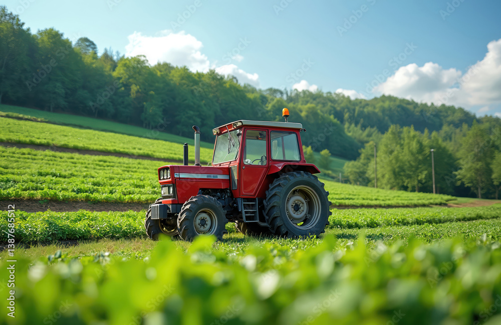 Obraz premium Red tractor on green field organic farm. Agriculture in Japan. Fresh vegetable plants growing in rows. Farmer machine for harvest field work. Eco-friendly farming. Ethical, sustainable production.