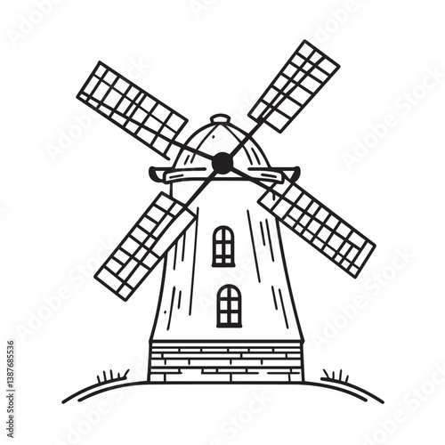 Stylized windmill rotates atop grassy hill rural drawing
