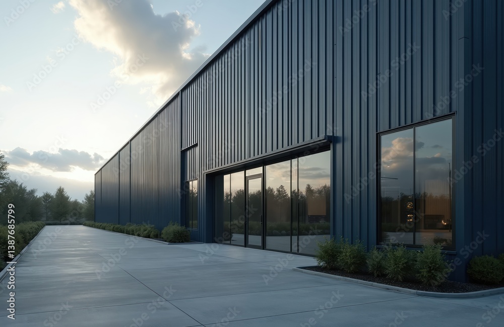 Fototapeta premium Modern industrial warehouse exterior. Metallic facade, large windows, entry doors, concrete path. Contemporary architecture, new building, business space, commercial property. Copy space for real