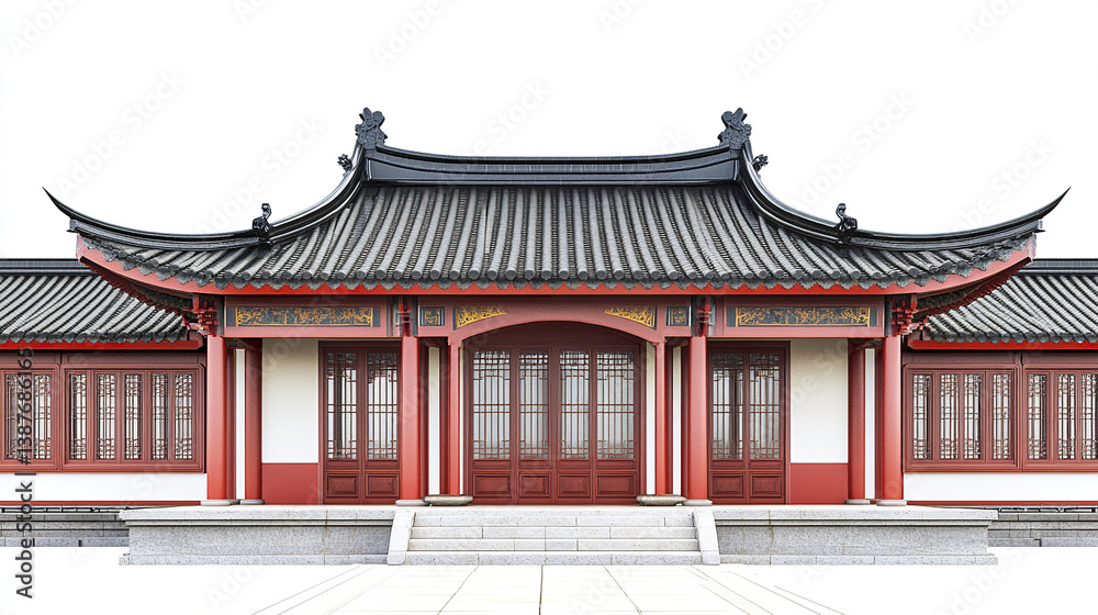 Fototapeta premium Traditional Chinese architecture with red and black details on white background