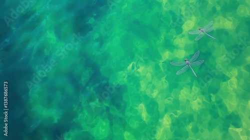 Two dragonflies float above serene blue water. Ideal for calm, nature, peaceful, and summer themes.