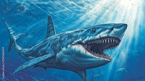 Megalodon shark underwater, open mouth, sunlight.