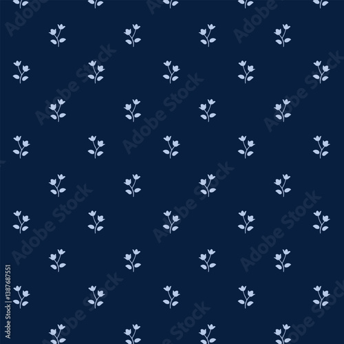 Small white flowers pattern doodle shapes motif continuous blue background. Modern floral fabric design textile swatch ladies dress, men's shirt all over print block.