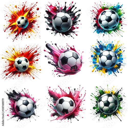 9 Vibrant Soccer Ball Illustrations - Colorful Paint Splash Designs for Football Enthusiasts 