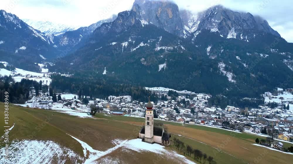 Castelrotto. Church of San Valentino, at the foot of the Alpe di Siusi. Dolomites