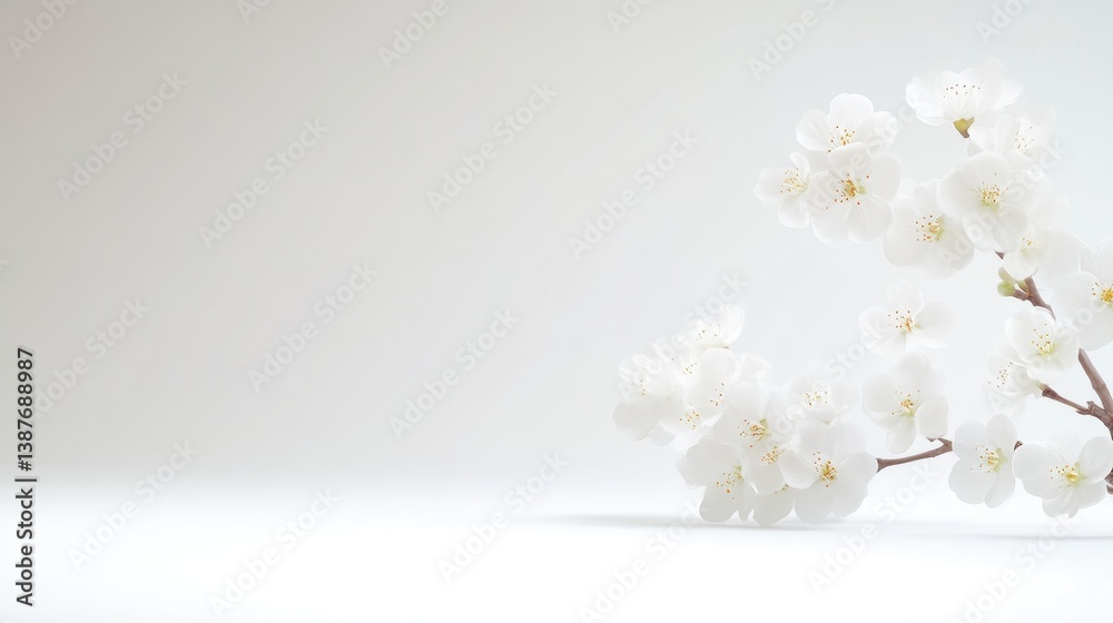 Delicate white cherry blossoms in full bloom on a branch, minimalist composition with soft light and neutral background, and serene and elegant. Delicate white cherry blossoms in full bloom on a branch, minimalist composition with soft light and neutral background, and serene and elegant.