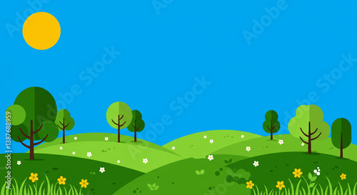Earth Day landscape with green hills and blue sky, flat design 