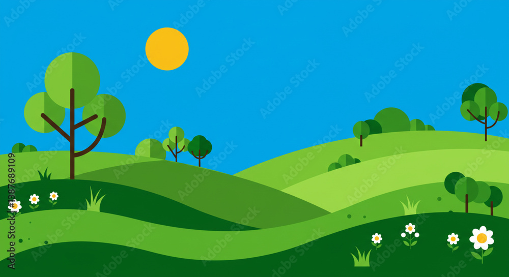 Naklejka premium Earth Day landscape with green hills and blue sky, flat design 