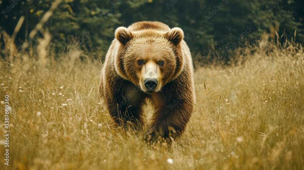 Large brown bear walking towards the camera in tall grass. Large brown bear walking towards the camera in tall grass.