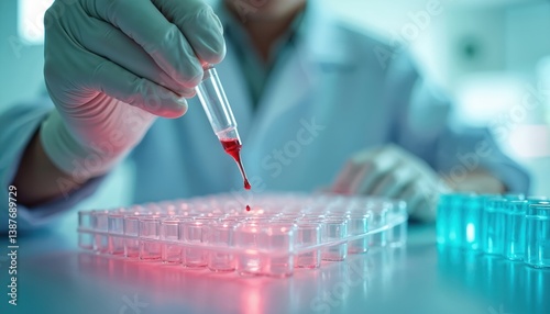 Scientist uses pipette, microarray plates. High-throughput cell analysis, medical biotech. Parallel testing method. Research laboratory, diagnostic lab work. Innovation for science.