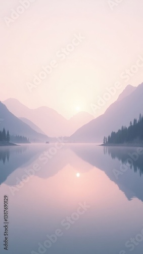 Minimalist landscape with soft pastel colors, featuring a calm lake surrounded by misty mountains at sunrise, vertical phone wallpaper