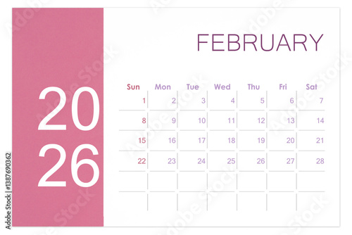 February 2026 Blank calendar page isolated on white background.