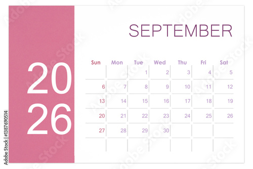 September 2026 Blank calendar page isolated on white background.
