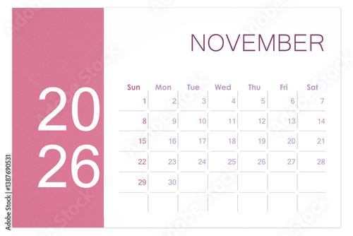 November 2026 Blank calendar page isolated on white background.