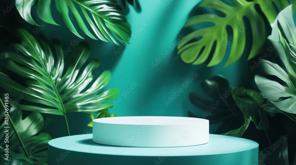 Empty podium with tropical leaves; product presentation; teal backdrop Empty podium with tropical leaves; product presentation; teal backdrop