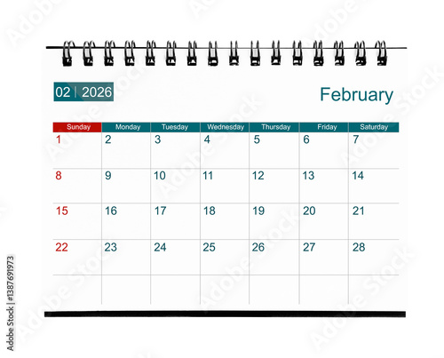 February 2026 calendar. Page of the annual business desk month calendar isolated on white.