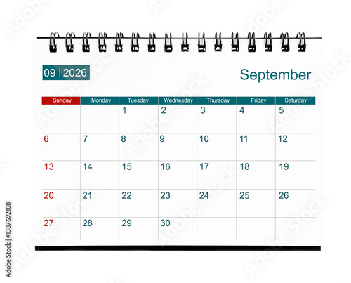 September 2026 calendar. Page of the annual business desk month calendar isolated on white.