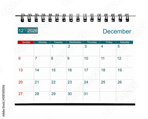 December 2026 calendar. Page of the annual business desk month calendar isolated on white.