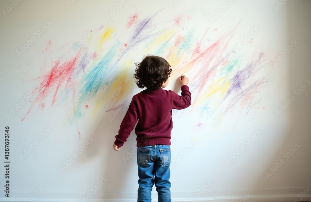 Young child draws with colored pencils on white wall. Boy is absorbed creative process. Child shows artistic skills. Playful activity in room. Creative expression. Happy childhood moment. Young child draws with colored pencils on white wall. Boy is absorbed creative process. Child shows artistic skills. Playful activity in room. Creative expression. Happy childhood moment.