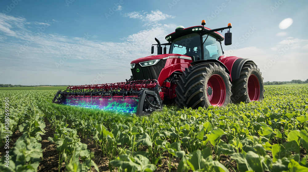 Red tractor working in a green field under a blue sky, showcasing modern agricultural technology and precision farming techniques Red tractor working in a green field under a blue sky, showcasing modern agricultural technology and precision farming techniques