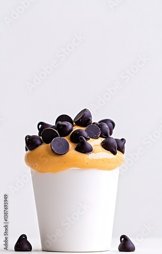 Creamy dessert topped with chocolate chips in a cup isolated background 