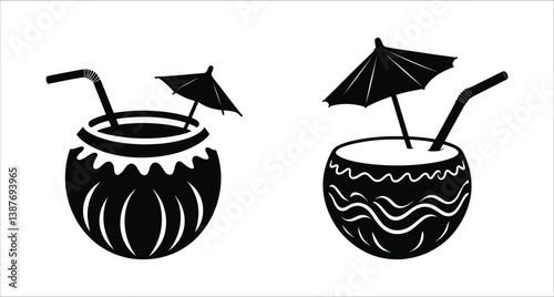 Summer coconut drink icons vector design. Coconut drink icons with straw and umbrella vector art. Summer coconut drink with straw and umbrella silhouettes