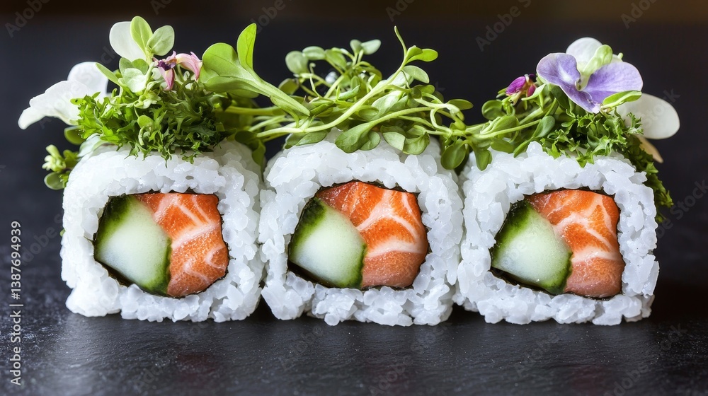 Fresh Sushi Roll with Salmon and Greens on Black Plate Fresh Sushi Roll with Salmon and Greens on Black Plate