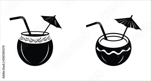 Summer coconut drink icons vector design. Coconut drink icons with straw and umbrella vector art. Summer coconut drink with straw and umbrella silhouettes