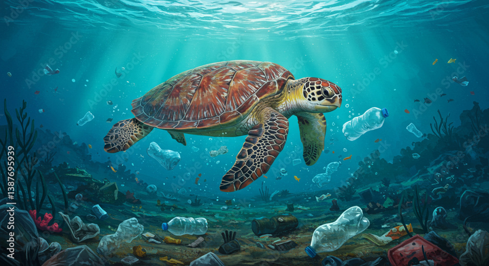 Fototapeta premium sea turtle surrounded by trash, digital art