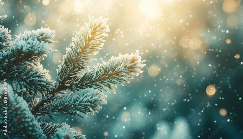 Stunning Macro Shot Of Green Spruce Branches Covered In Icy Hoarfrost Crystals During Light Snowfall. A Picture Perfect Winter Scene. Stunning Macro Shot Of Green Spruce Branches Covered In Icy Hoarfrost Crystals During Light Snowfall. A Picture Perfect Winter Scene.