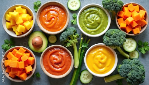 Top view of colourful baby food purees in bowls with raw vegetables, arranged on grey background. Bowls with fresh purees, pumpkin, broccoli, avocado, cucumber slices. Healthy meal for kids.