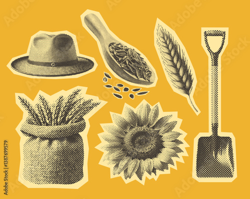 sunflower, wheat bag, hat, shovel, retro halftone effect, vintage photocopy collection