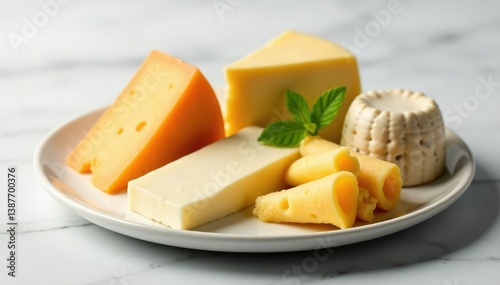 Elegant cheese plate, various cheeses, pristine white , dairy, cheddar, stilton