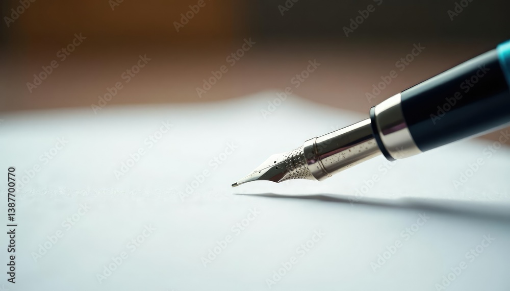 Elegant fountain pen poised above blank white sheet , macro, office, texture Elegant fountain pen poised above blank white sheet , macro, office, texture