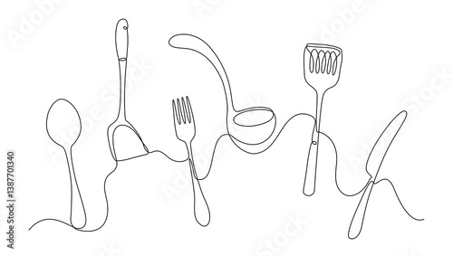 Continuous one line drawing of kitchen utensils including spoon, fork, knife, ladle, spatula, and turner. Minimalist cooking concept. Vector illustrtion, Editable stroke